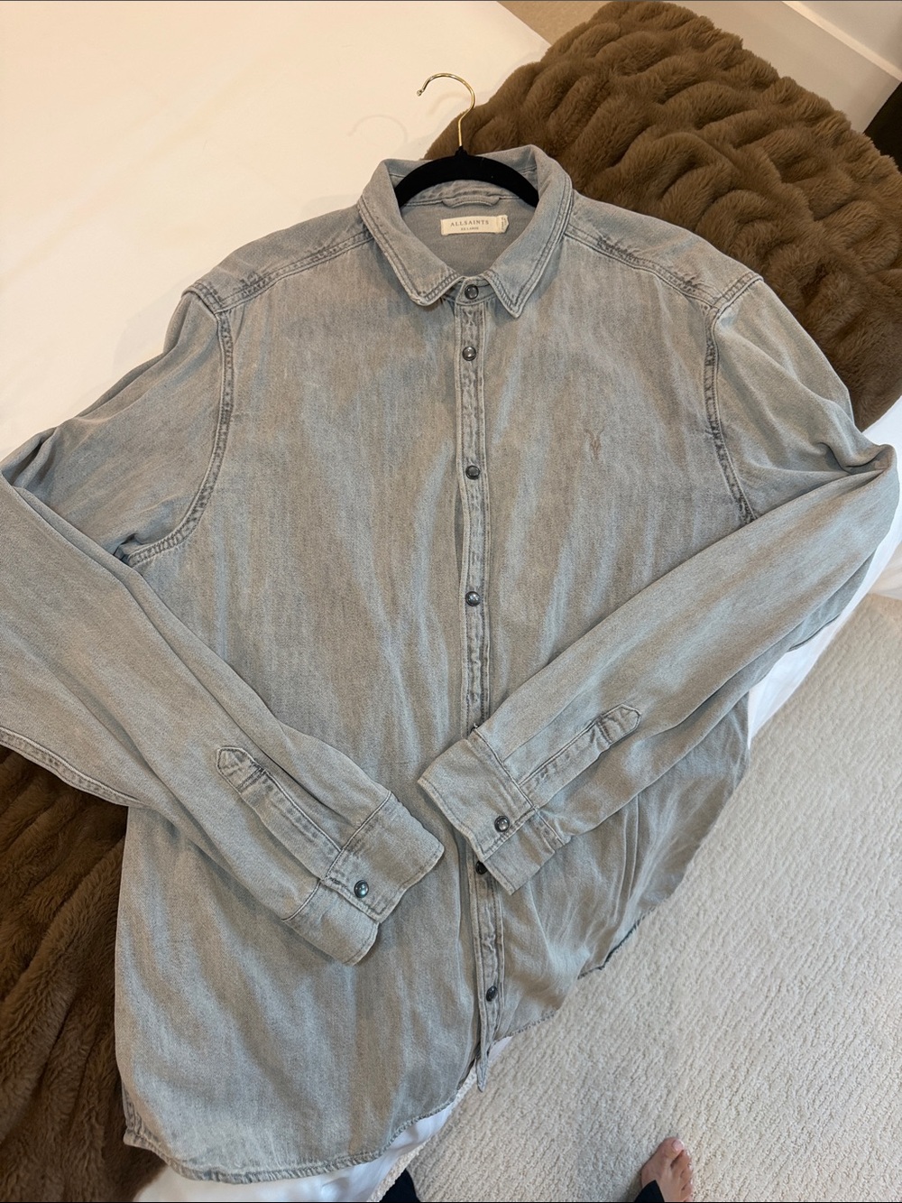 All Saints grey Wash Denim Button-Up Shirt